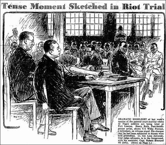 Published Dec. 3, 1944: Dramatic highlight of last week's session of the general court-martial where 42 Negro soldiers are being tried at Fort Lawton. Henry Roth, Post-Intelligencer artist, shows T/5 Willie Prevost, a defendant, on witness stand. His charges that he had been subjected to duress were held groundless. Lt. Col. Leon Jaworski, trial judge advocate, is in the foreground, with his assistant, Capt. Robert Branand III (left). Photo: Seattle Post-Intelligencer / SL