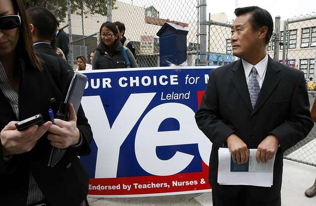 State senator Leland Yee, who is now seeking the San Francisco Mayor's office stood outside the Gordon Lau Elementary School with a handful of School Board members to introduce his education plan should he be elected Thursday September 15, 2011. Photo: Lance Iversen, The Chronicle