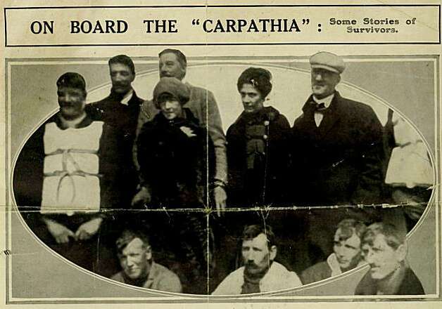 This is a  photograph of Titanic survivors Laura Francatelli, standing second right, and her employers Lady Lucy Duff-Gordon, standing 3rd left, and Sir Cosmo Duff-Gordon, standing directly behind LadyLucy, standing on the rescue ship Carpathia, made available by auctioneers Henry Aldridge and Son on Thursday Oct. 7, 2010. Francatelli heard a terrible rumbling noise, then anguished cries for help as her rowboat pulled away from the sinking ocean linerTitanic that dreadful night in 1912. Photo: AP
