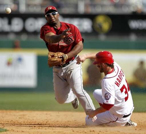 March 4: Astros 10, Nationals 2 Astros second baseman Joe Thurston turns a double play as Washington's Bryce Harper tries to break up the play during Sunday's spring training game in Viera, Fla. (Julio Cortez / Associated Press) / HC
