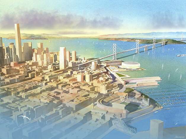 Renderings of the Warriors stadium at piers 30-32. Concept by Future Cities. Southern aerial view. Photo: Art Zendarski, Future Cities / SF