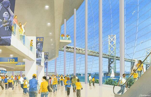 Renderings of the Warriors stadium at piers 30-32. Concept by Future Cities. View of concourse. Photo: Art Zendarski, Future Cities