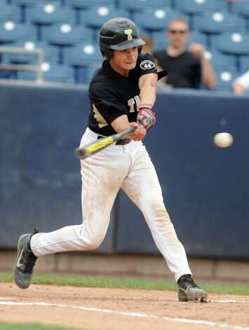 Trumbull's James DeNomme gets a hit during the FCIAC baseball semifinal against Staples High School Thursday, May 24, 2012 at the Ballpark at Harbor Yard in Bridgeport, Conn. Photo: Autumn Driscoll / Connecticut Post