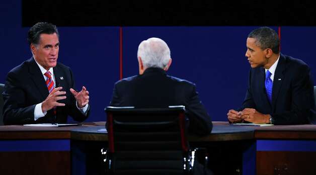 BOCA RATON, FL - OCTOBER 22:  U.S. President Barack Obama (R) debates with Republican presidential candidate Mitt Romney as moderator Bob Schieffer (C) of CBS looks on at the Keith C. and Elaine Johnson Wold Performing Arts Center at Lynn University on October 22, 2012 in Boca Raton, Florida. The focus for the final presidential debate before Election Day on November 6 is foreign policy.  (Photo by Joe Raedle/Getty Images) Photo: Joe Raedle, Getty Images / 2012 Getty Images
