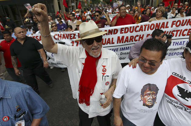 Jaime Martinez (center) founder of the César E. Chávez Legacy and Educational Foundation leads the 17th annual César E. Chávez March for Justice on March 30. Martinez, who has cancer, says, “The march will continue long after we're gone.” Photo: Kin Man Hui / Express-News