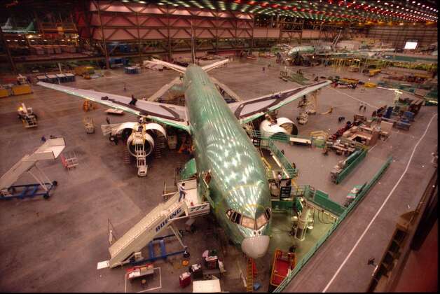 A Boeing 777 on the assembly line at the company's Everett plant.