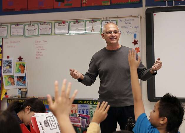 Brian Borsos, special education specialist from the S.F. school district office, substitutes at Guadalupe Elementary School. Photo: Michael Macor, The Chronicle