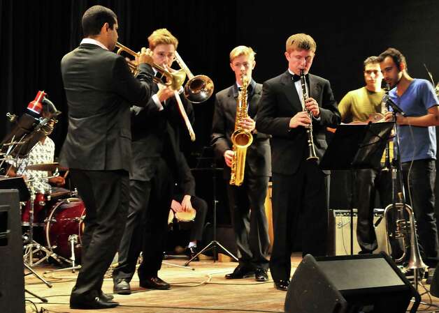 Greenwich High School students , Ben Albano, Vince Urbanowski and Peter Russell perform John Coltrane's âÄú26-2âÄù with Yasek Manzano's trumpet band in Cuba in April, 2014. Photo: Picasa, Contributed Photo / Greenwich Time Contributed