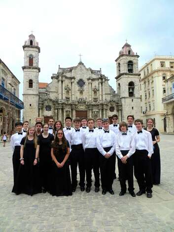Members of the Greenwich High School jazz ensemble gather in front of the cathedral in Old Havana during their trip to Cuba in April 2014. Photo: Contributed Photo / Greenwich Time Contributed