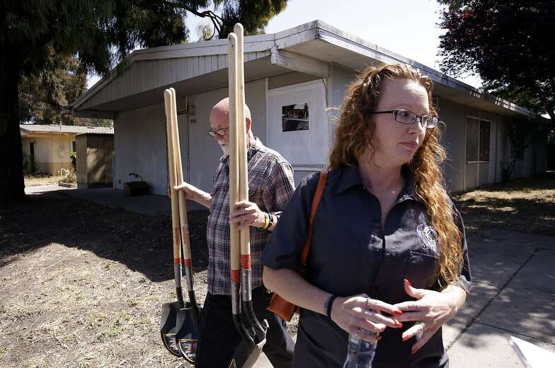 Michele Bonge, on Thursday May 29, 2014, in Richmond, Calif., will be one of the woman taking up residence at the building behind here, which will provide housing and supportive services to formally incarcerated woman.  A groundbreaking kicks off the plans to provide women with temporary housing and services to women of Contra Costa County.