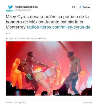 Pop star Miley Cyrus is under a criminal investigation for desecrating the Mexican flag on stage in Monterrey on September 16, 2014, which is Mexican Independence Day. Photo: Courtesy, Twitter