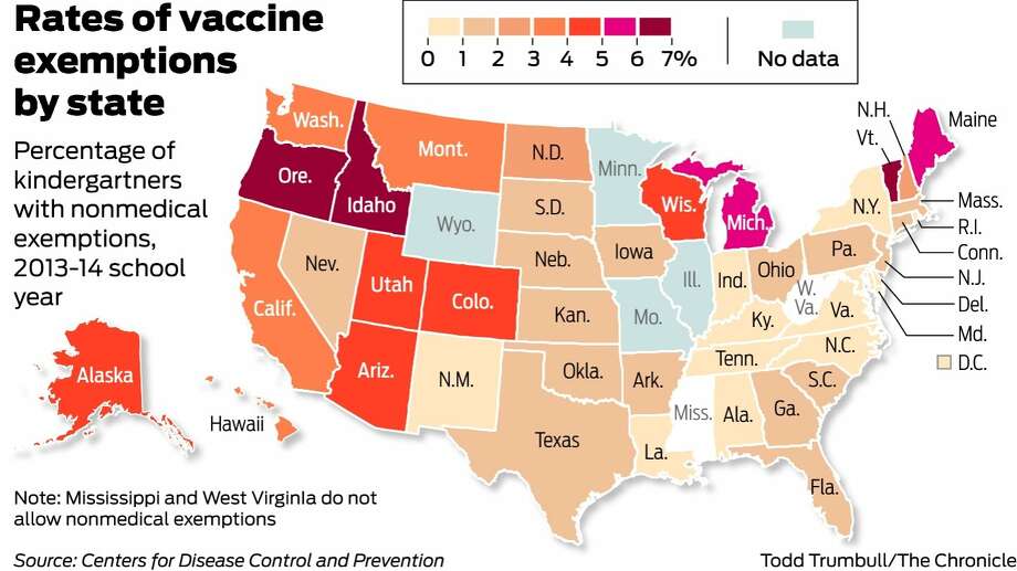 Mappa delle esenzioni dai vaccini, per ogni stato USA. (cdc.gov)