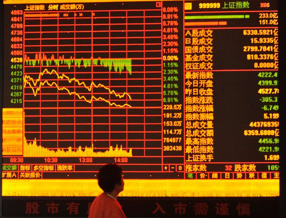 The market plunge is seen on a monitor at a stock exchange hall in Fuyang, China. Photo: ChinaFotoPress, Getty Images