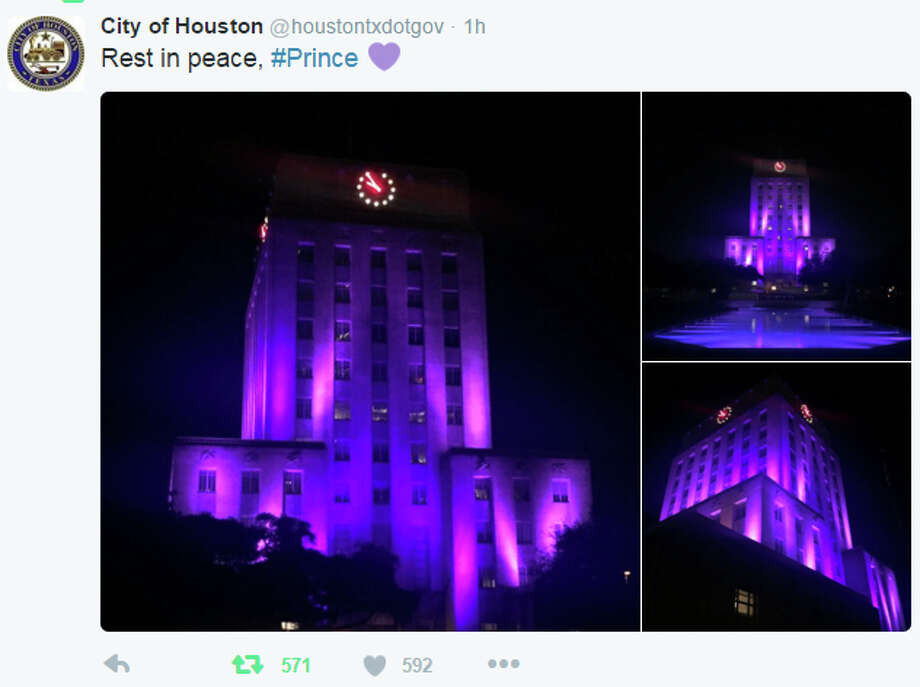 Like other landmarks around the world, Houston City Hall lit up in purple Friday night to honor legendary musician Prince, who died on Thursday. (Twitter) Photo: Twitter.com/houstontxdotgov