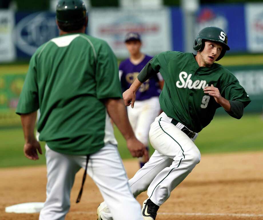 Shen's Nik Malachowski, right, rounds third and heads for home during their Class AA baseball final against CBA on Thursday, May 26, 2016, at Joe Bruno Stadium in Troy, N.Y. (Cindy Schultz / Times Union) Photo: Cindy Schultz / Albany Times Union