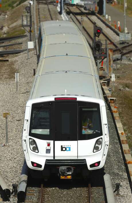 The new BART cars on the test track at the BART maintenance complex, in Hayward, Ca. on Mon. April 3 2017. Photo: Michael Macor, The Chronicle