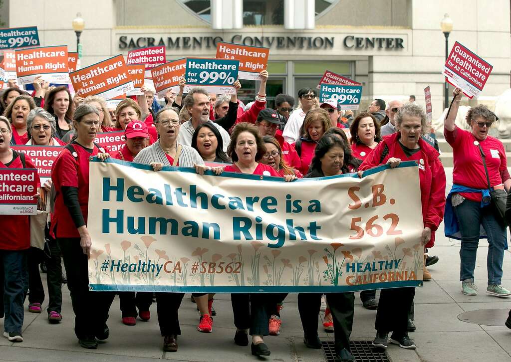 Supporters of single-payer health care march to the Capitol on April 26, 2017, in Sacramento. Photo: Rich Pedroncelli, Associated Press