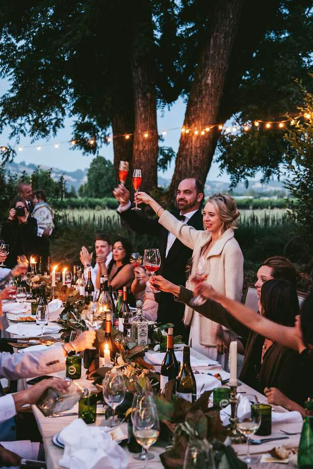 Bride Hannah Collins, of Hannah Collins Designs, and groom Ben Herod, co-founder of Oro en Paz winery, at their June 3 wedding at a private residence in Healdsburg. Photo: Nina Menconi
