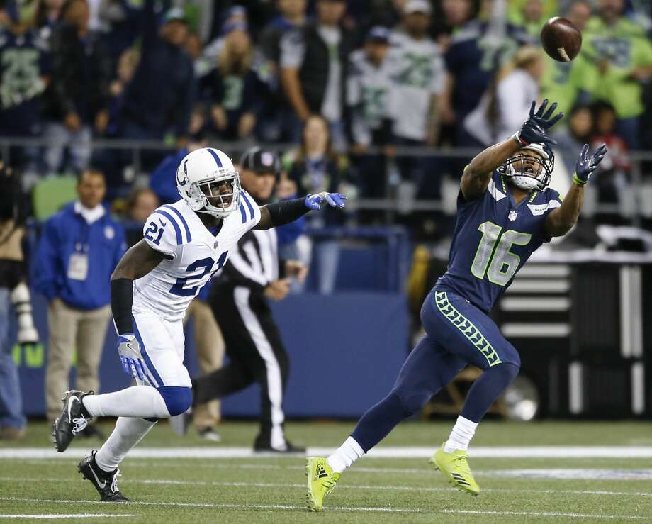 SEATTLE, WA - OCTOBER 1: Wide receiver Tyler Lockett #16 of the Seattle Seahawks makes a 41 yard reception against Vontae Davis #21 of the Indianapolis Colts in the fourth quarter of the game at CenturyLink Field on October 1, 2017 in Seattle, Washington. (Photo by Otto Greule Jr/Getty Images) Photo: Otto Greule Jr/Getty Images