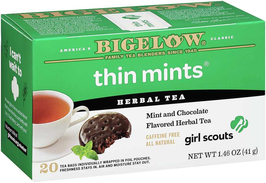 A box of Bigelow Thin Mints tea.