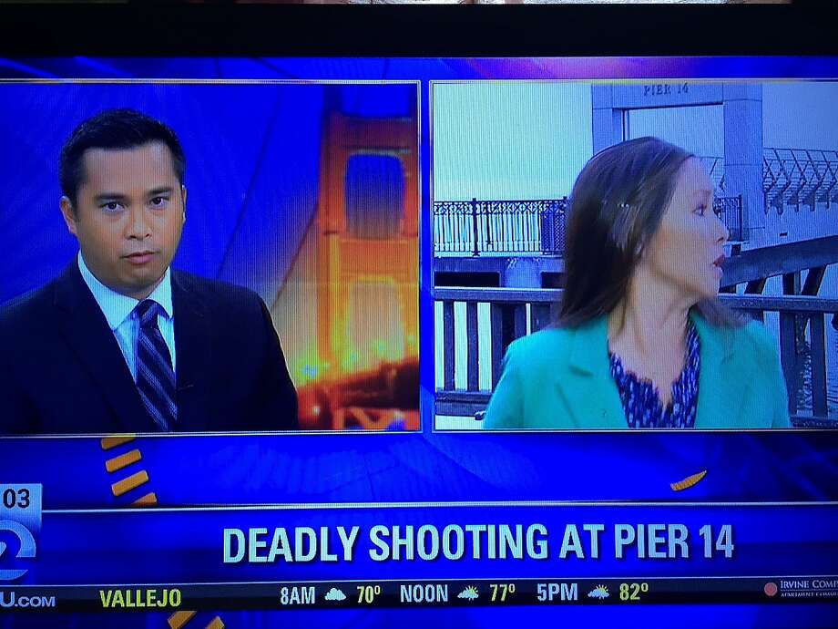 KTVU reporter Cara Liu reacts as news crews are attacked by a robber in San Francisco on July 2, 2015. Anchor Brian Flores is seen at left. Photo: Screen Capture