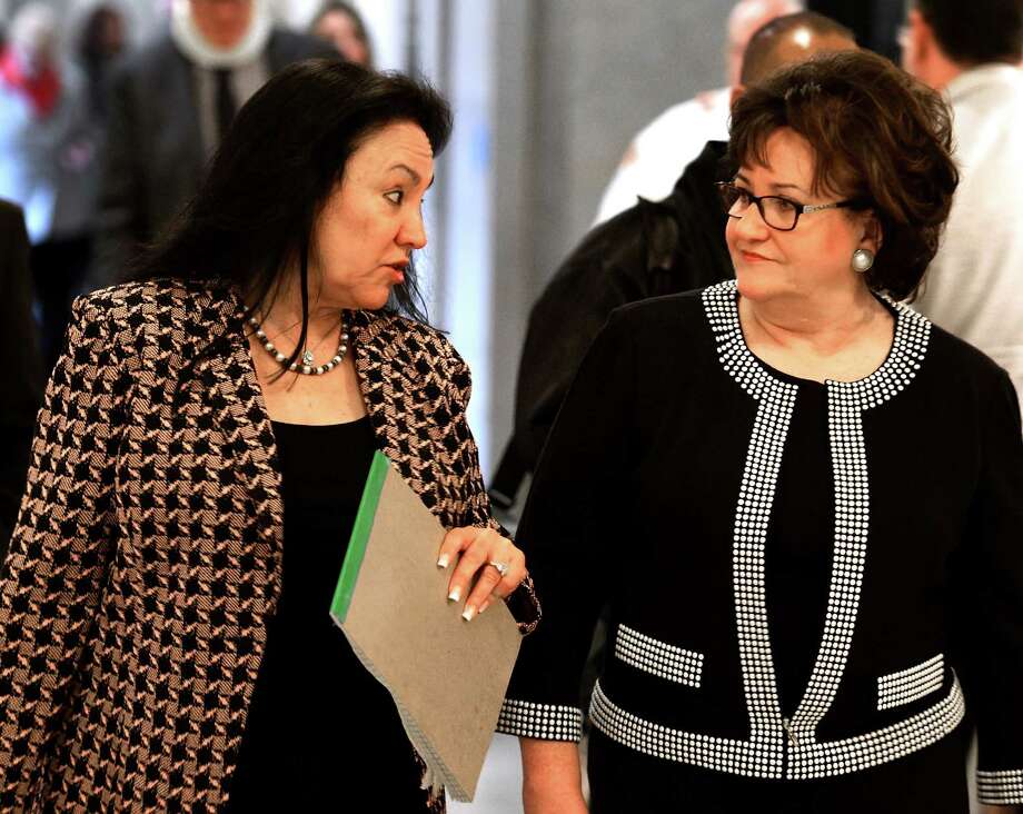 Chancellor elect Betty Rosa, left, speaks with Commissioner of Education Maryellen Elia, right, after her election during a meeting of the New York State Board of Regents on Monday, March 21, 2016, at the Education Department building in Albany, N.Y. Rosa will take office on April 1st replacing Merryl H. Tisch. (Skip Dickstein/Times Union) Photo: SKIP DICKSTEIN / 10035899A